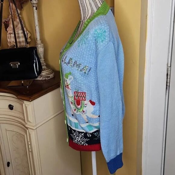 Merry Christmas Baby blue llama ugly cardigan  sweater women's size M - Picture 3 of 4